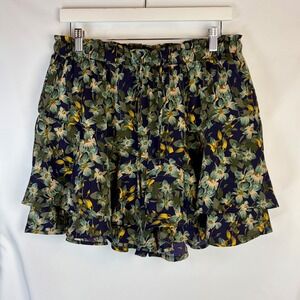 KISSMODA Womens XL Tibetan Green Floral Ruffle Skort Flowy Boho Cottagecore Mini